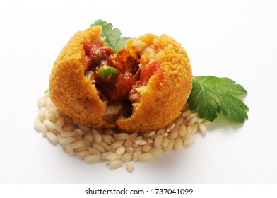 Open Arancino, Showing The Rice And Ragù Stuffing