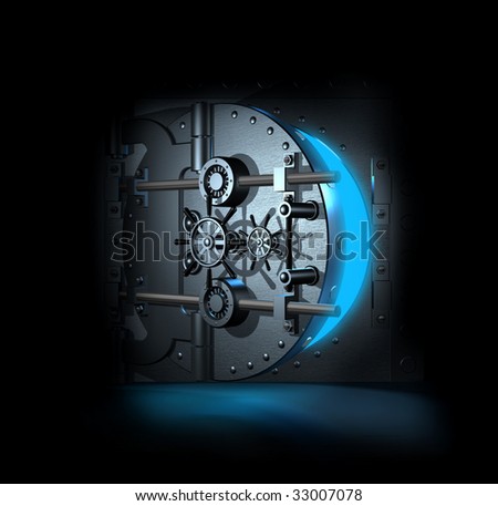 open bank vault, blue shining light inwardly, 3D render