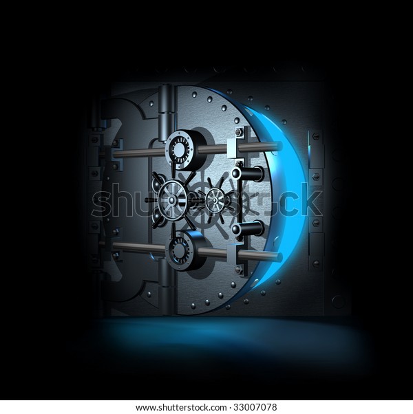 open\
bank vault, blue shining light inwardly, 3D\
render
