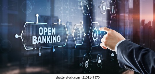 Open Banking Online Finance Concept. Man Clicks On A Virtual Screen Inscription