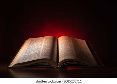 Open Bible On The Table. Christian Sermon. The Bible Is On The Protestant's Desk. Reading The Word Of God. Study Of Religious Literature. Prayer To God. Appeal To God.