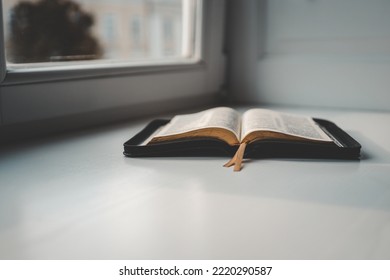 Open Bible On Windowsill, City View, Morning Prayer.