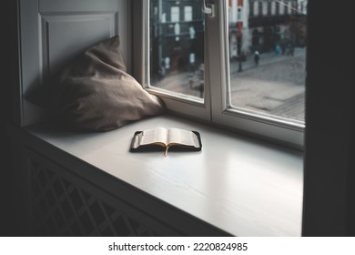 Open Bible On Windowsill, City View, Morning Prayer.