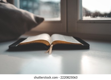 Open Bible On Windowsill, City View, Morning Prayer.