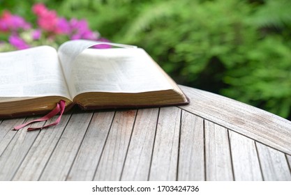 Open bible on wooden table. Soft blur effect with focus on book mark. Green nature at background. - Powered by Shutterstock