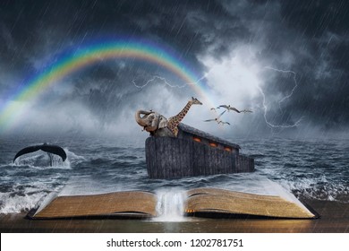 An open Bible with the story of Noah’s ark.
