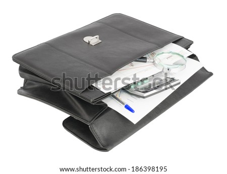 Open black briefcase and business objects. Isolated on white background