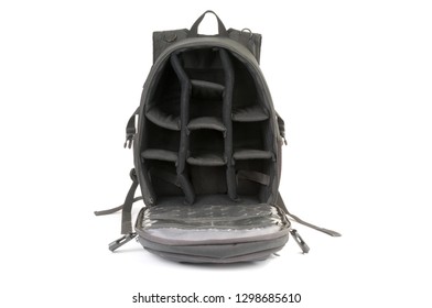 Open black camera backpack isolated on white background