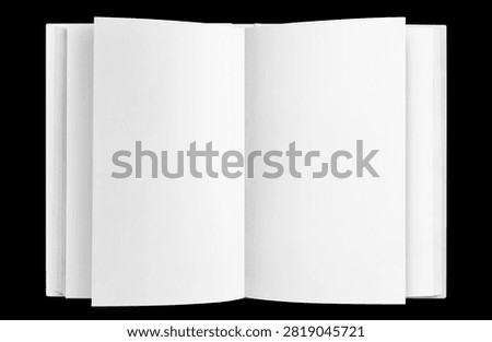 Open blank book mockup with empty pages, isolated on black background