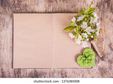 Open Blank Book. White Flowers And Heart. Cherry Flowers. Origami Heart