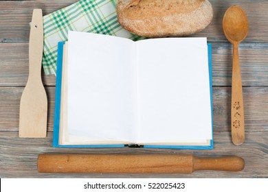 Open Blank Cook Book, Hardback Books On Wooden Table. Copy Space For Ad Text. Education Business Concept. Old Blank Recipe Book On Wooden Background.