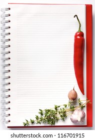 Open Blank Ringbound Notebook Surrounded By A Fresh Vegetables And Spice For Your Shopping Or Grocery List