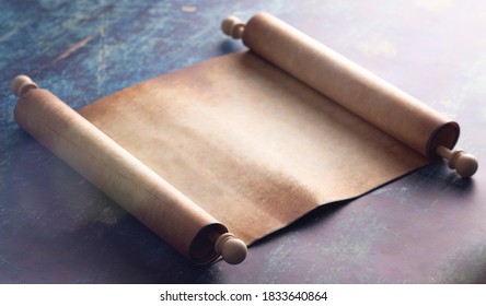 An Open Blank Scroll On A Blue Rustic Wooden Table