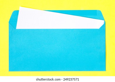 Open Blue, Envelope With  Blank Paper On Yellow Background