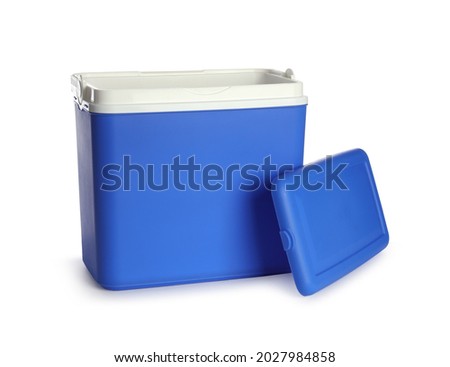 Open blue plastic cool box isolated on white