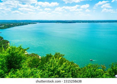 open blue waters of Travis lake landscape lake relaxing overlook view of the central Texas hill country outside of Austin Texas USA