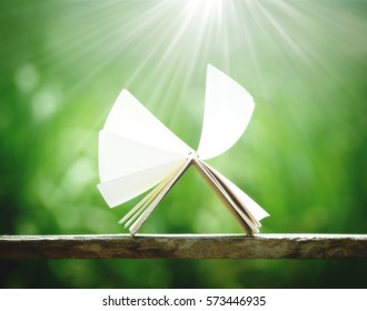 open book by wind  on blurred nature background learning concept - Shutterstock ID 573446935