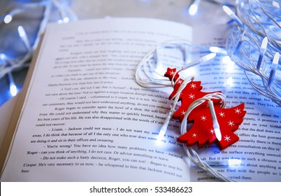 Open Book, Christmas Decor And Garland, Closeup