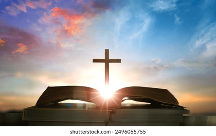 Open book with cross on sunset background. Christian concept. 3D Rendering - Powered by Shutterstock