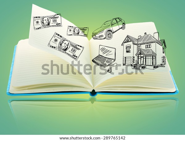 Open book with\
drawings on green\
background