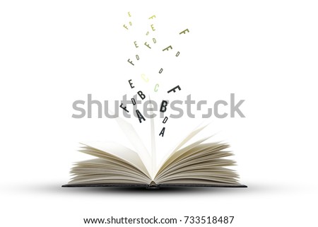 Open book with  flying  letters  on white background,education and book concept