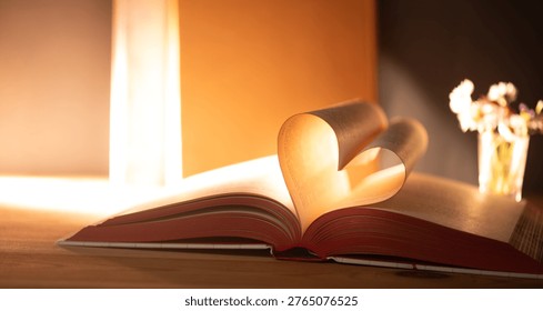 Open book forms heart shape with pages in warm light, showing connection between love and literature in a cozy reading space
