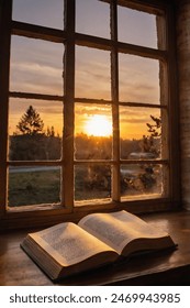 An open book in front of the window at sunset