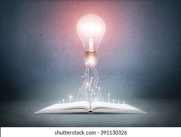 Open book and glowing light bulb over it. Knowledge, education concept - Shutterstock ID 391130326