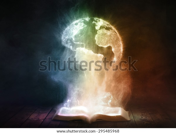 An open book glows brightly and reveals a globe of\
the world.