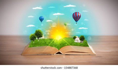 Open book with green nature world coming out of its pages, ecological concept - Shutterstock ID 154887368