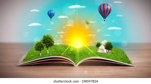 Open book with green nature world coming out of its pages, ecological concept - Shutterstock ID 198597824