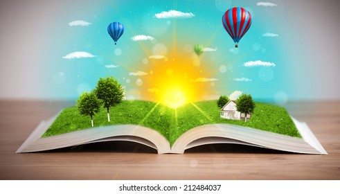 Open book with green nature world coming out of its pages, ecological concept - Shutterstock ID 212484037