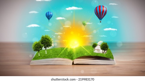 Open book with green nature world coming out of its pages, ecological concept - Shutterstock ID 219983170