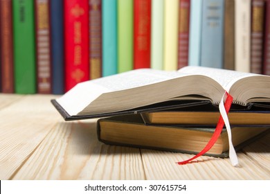 Open Book, Hardback Books On  Wooden Table. Back To School. Copy Space