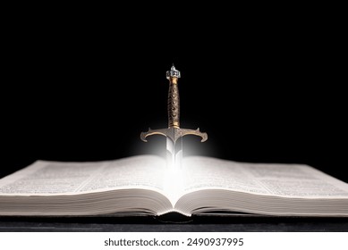 The open book of the Holy Bible. Prayer and religion. Spiritual sword. The Word of God and the Scriptures