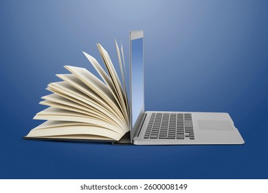 Abra el libro y la computadora portátil sobre fondo azul degradado. E-learning, Biblioteca en internet, webinar online