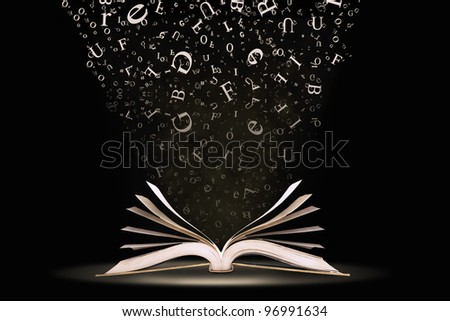 An open book with letters falling into the pages