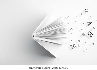 Open book with letters flying out of it on white background, top view