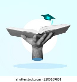 Open book on the palm. Education collage concept. - Shutterstock ID 2205189851