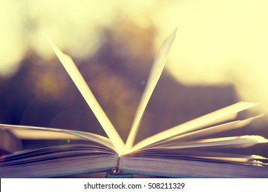 Open book on wooden table on natural background. Toned image. Soft focus - Shutterstock ID 508211329