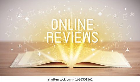 Open Book With ONLINE REVIEWS Inscription, Social Media Concept