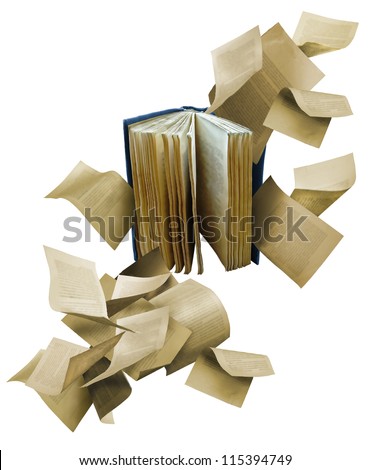 Open book with scattered flying pages