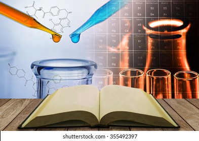 Open Book With Science Laboratory Test Tube Background