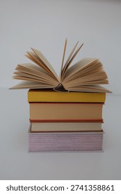 Open book,  stack of books in front of library, books on wooden table, education, High quality book photography, Best Book Photo, AI, 