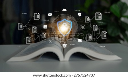 An open book symbolizes knowledge with digital security icons and data connections, illustrating the intersection of education, technology, and cybersecurity in a modern learning space. Ledger