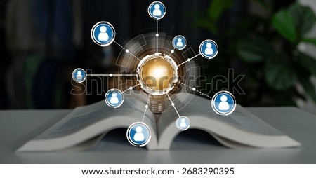 An open book symbolizes knowledge and learning, while connected icons represent the power of community and networking in the digital age, inspiring innovation. Crux