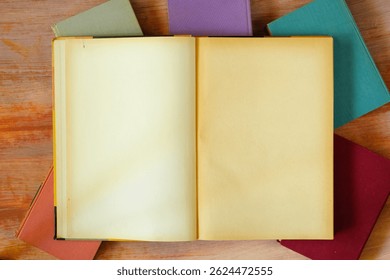 Open book template with empty pages, reading, education, literature,library, back to school concept.Good copy space.