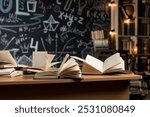 Open books on a wooden table with pages flipping in the air. Concept of knowledge, education, literature, and learning. Dim background creates an intellectual and focused atmosphere