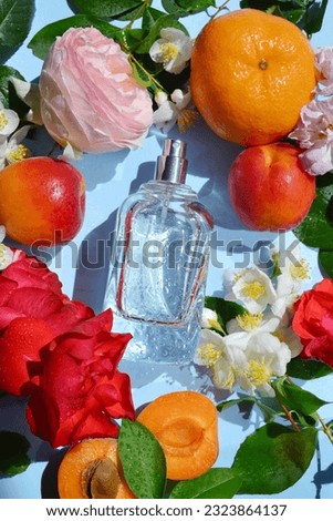 Open bottle of perfume with roses, jasmine, oranges, apricot, drops of water composition on the blue background. Fresh aroma. Idea of sweet pure smell  for young girls. Fruity and flowery perfume