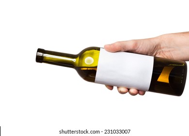 Open Bottle Of White Wine With A Clear Sticker In Hand Isolated On White Background